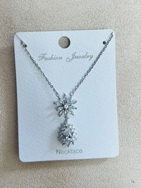 Silver Starburst Drop Pendant C.Z Rhodium Plated Necklace