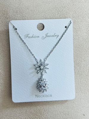 Silver Starburst Drop Pendant C.Z Rhodium Plated Necklace