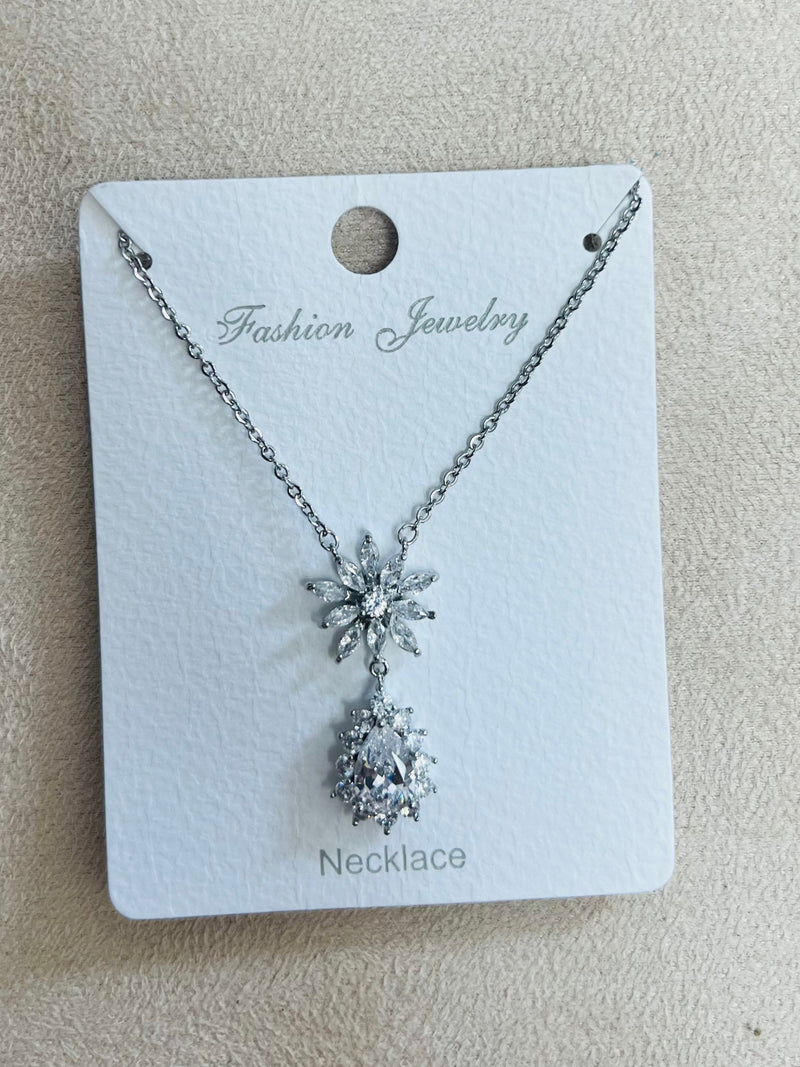 Silver Starburst Drop Pendant C.Z Rhodium Plated Necklace