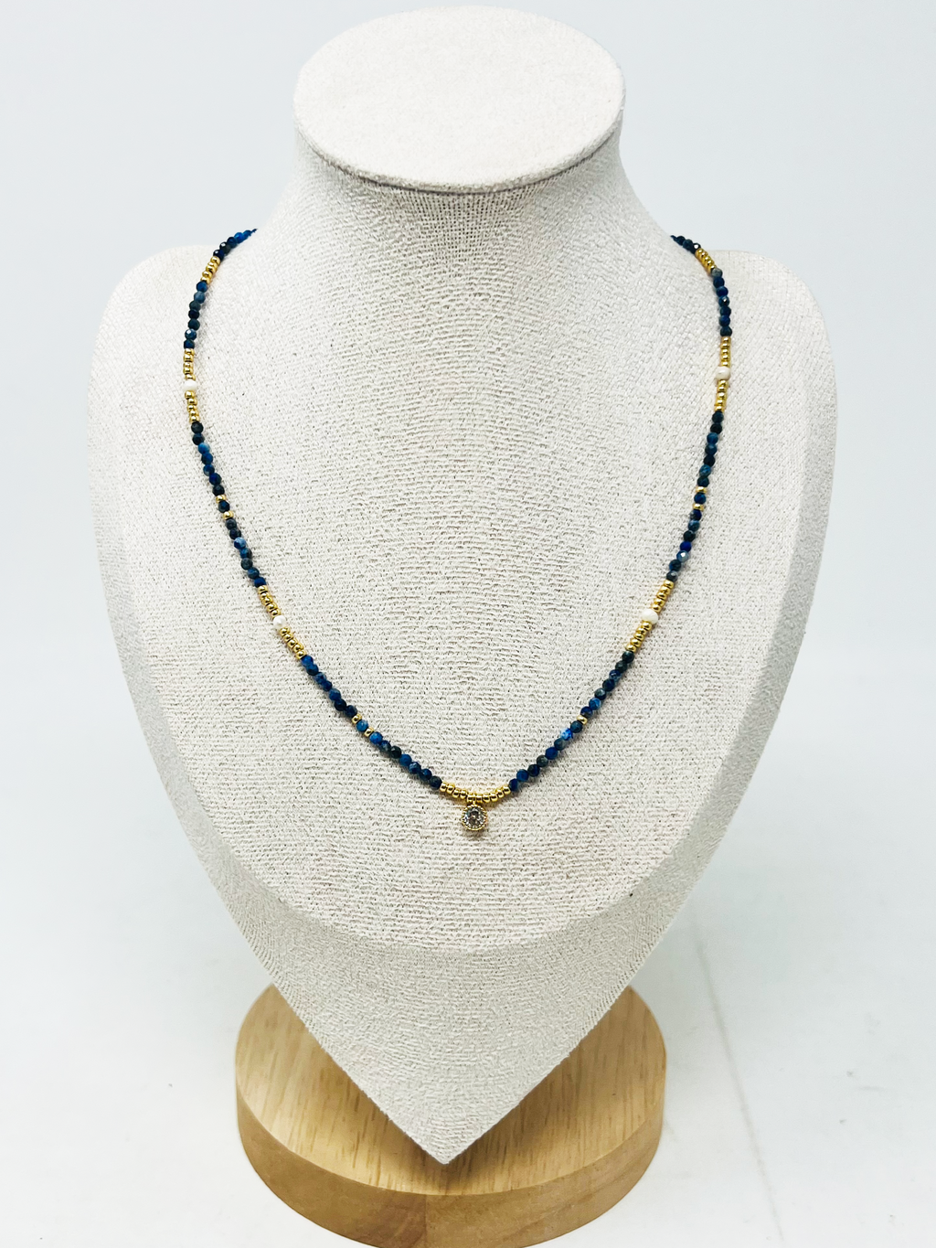 Semi-Precious Stone Necklace with Miyuki Beads & Round Charm(navy)