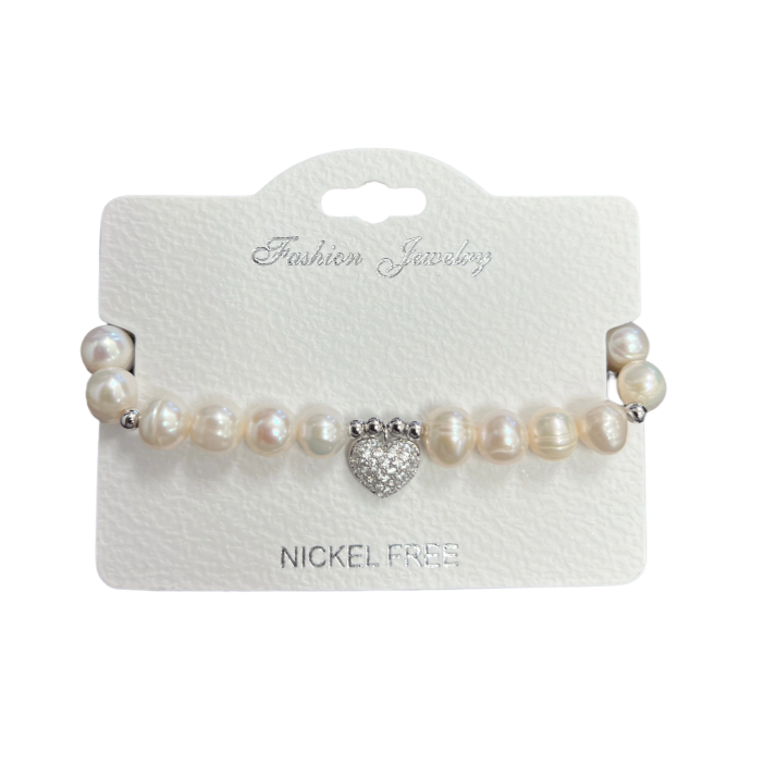 "Heart" Freshwater Pearl C.Z adjustable Crystal Bracelet