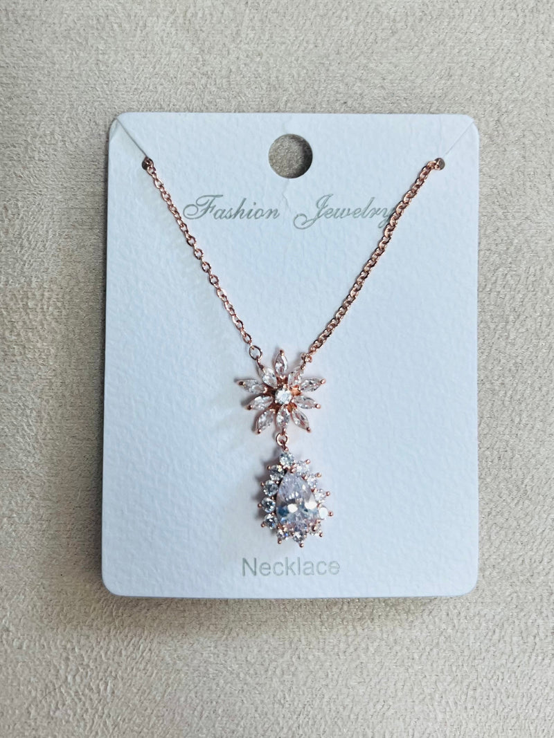 Silver Starburst Drop Pendant C.Z Rhodium Plated Necklace