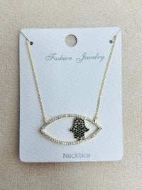 Black Hamsa Hand Charm C.Z Rhodium Plated Pendant Necklace