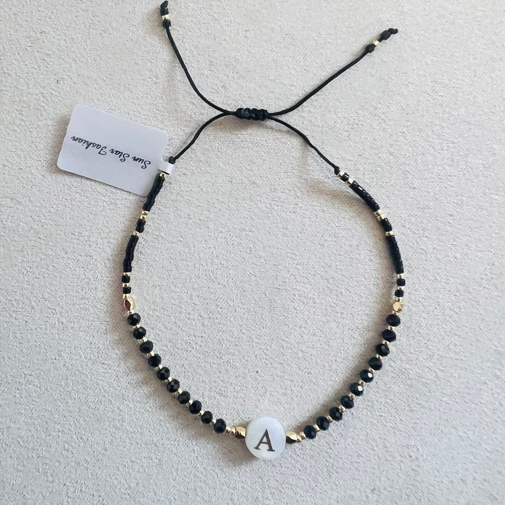 Initial Bracelet (A–Z) Semi-precious stones with Miyuki beads Adjustable cord (black spinel)