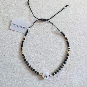 Initial Bracelet (A–Z) Semi-precious stones with Miyuki beads Adjustable cord (black spinel)
