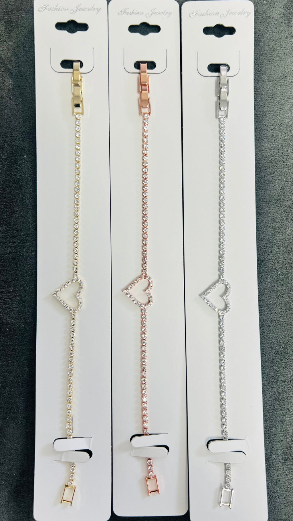 Heart Charm C.Z Crystal Tennis Bracelets-Adjustable Chain