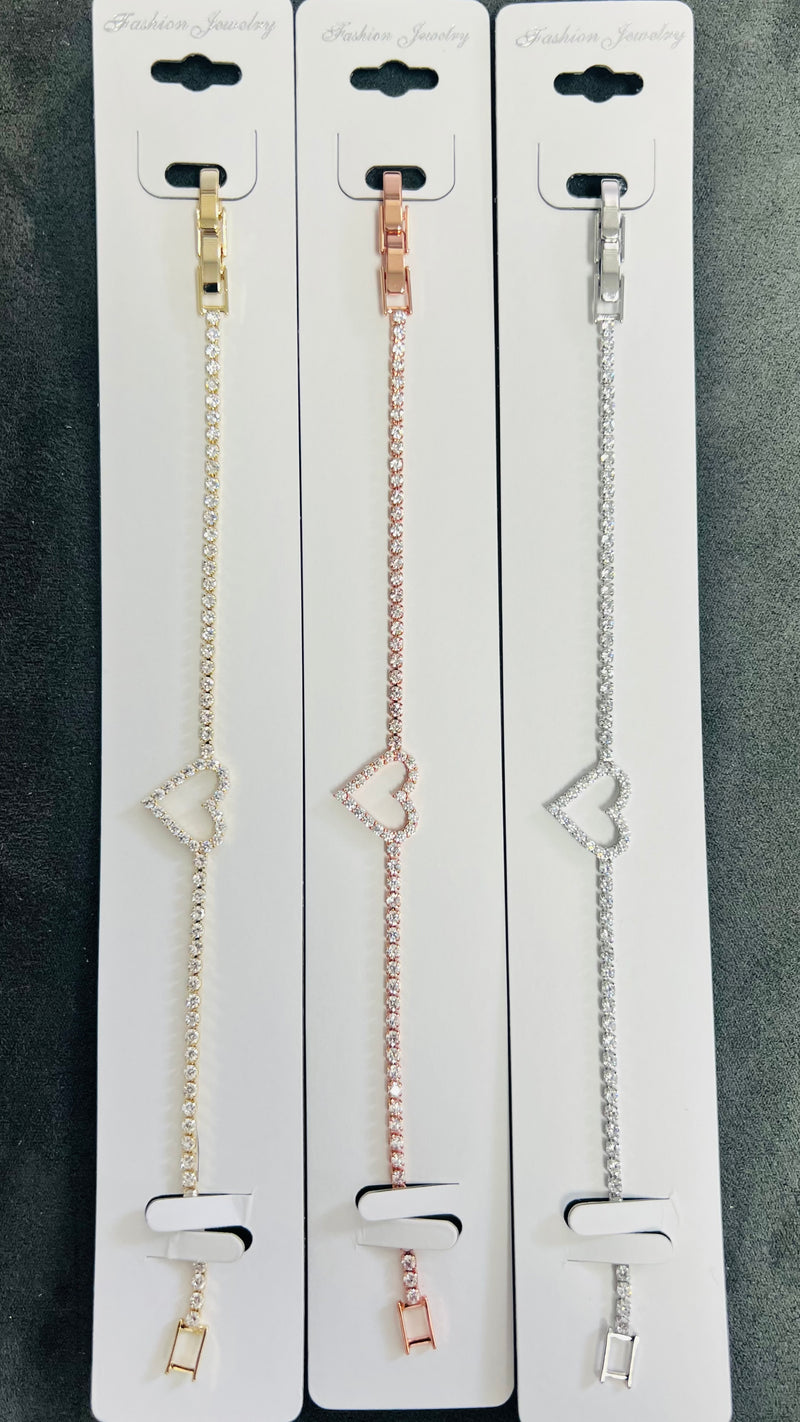Heart Charm C.Z Crystal Tennis Bracelets-Adjustable Chain