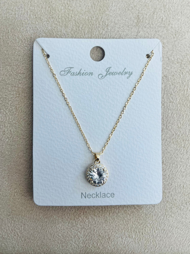 Gold Round Halo C.Z Rhodium Plated Pendant Necklace