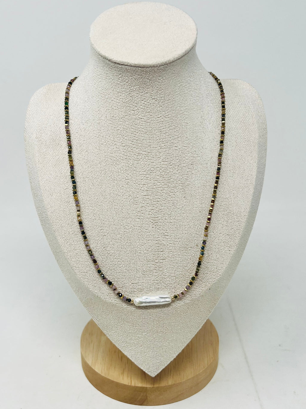 Colorful Semi-Precious Bead Necklace with Pearl Bar Pendant