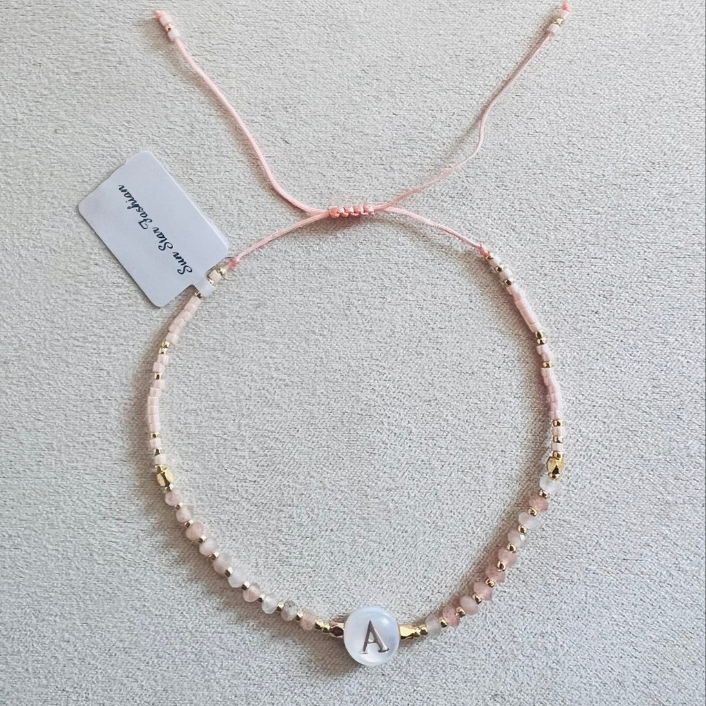 Initial Bracelet (A–Z) Semi-precious stones with Miyuki beads Adjustable cord (sunstone)