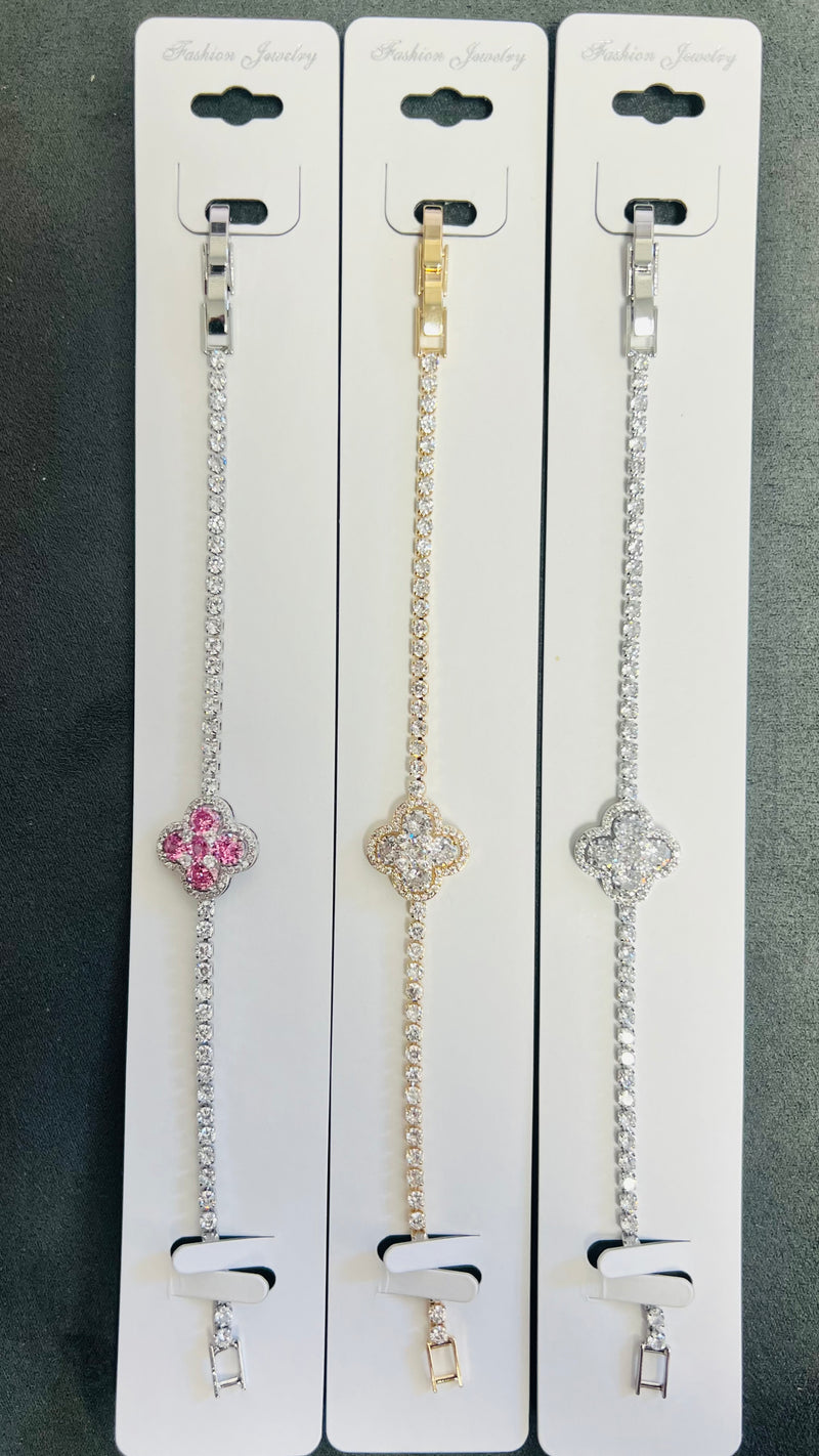 Clover Charm C.Z Crystal Tennis Bracelets Adjustable chain