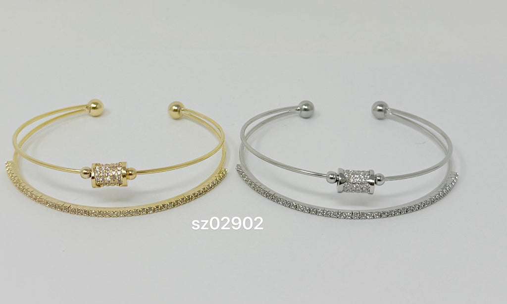 CZ Pave Cylinder Double Wire Rhodium Plated Cuff bracelet