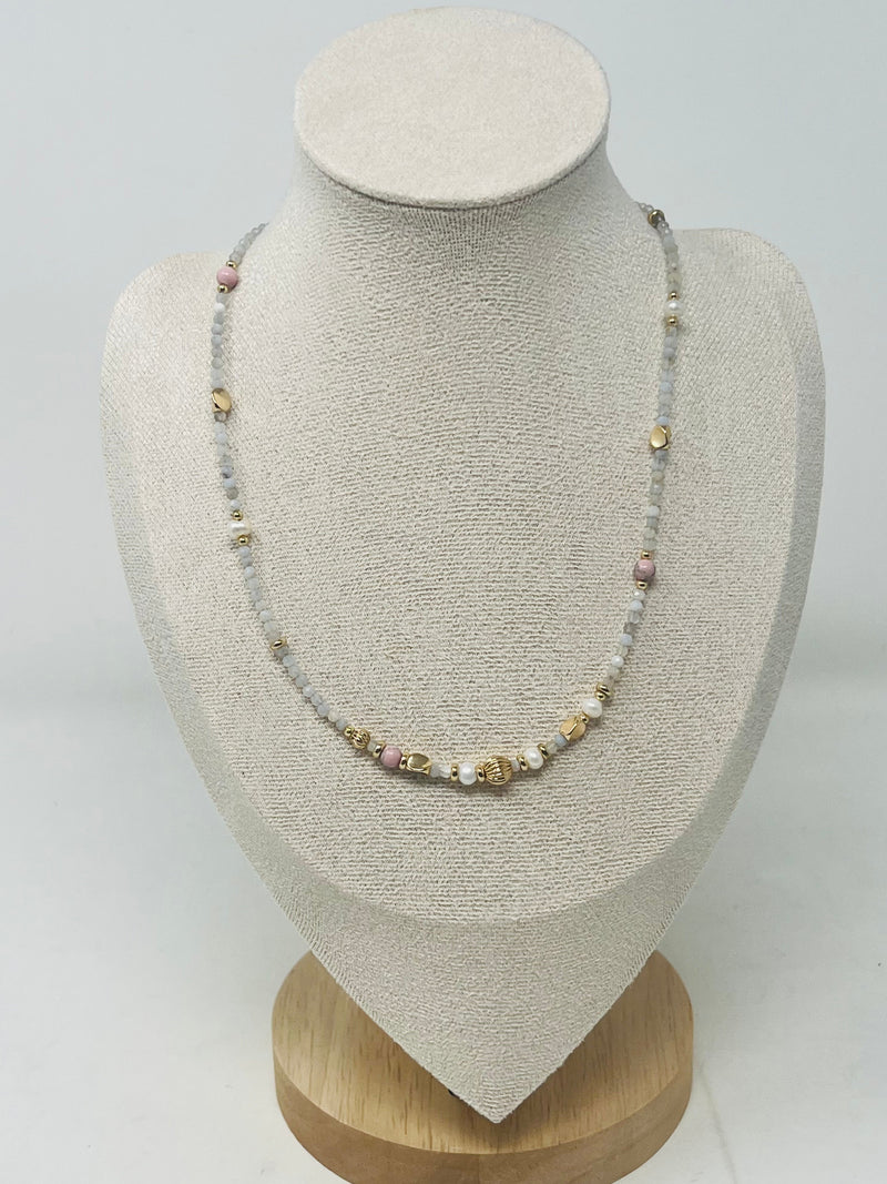 Miyuki Beads, Semi-Precious Stone & Pearl Beaded Necklace (Cream)