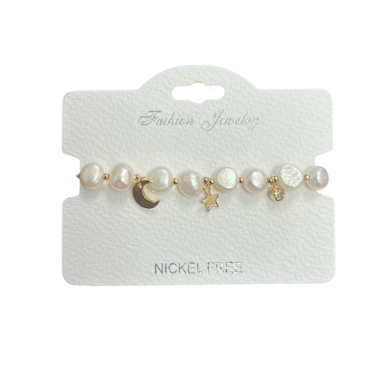 "moon star" Freshwater Pearl C.Z Adjustable Crystal Bracelet