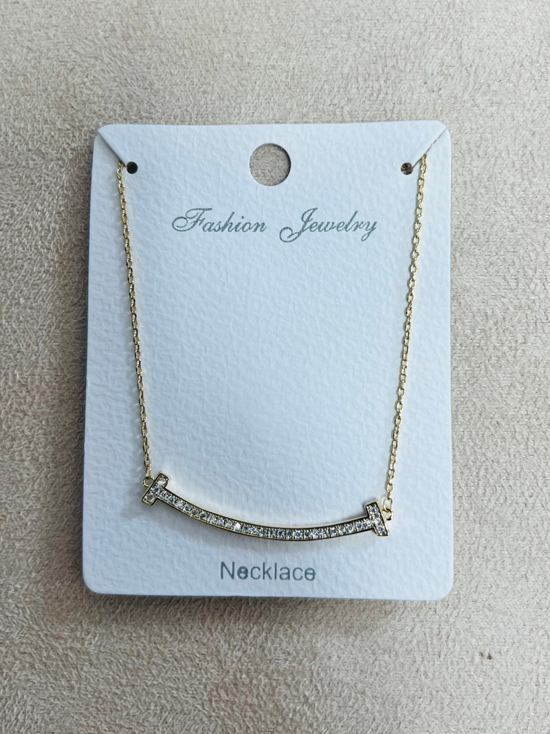 Curved Bar Pendant C.Z Rhodium Plated Pendant Necklace