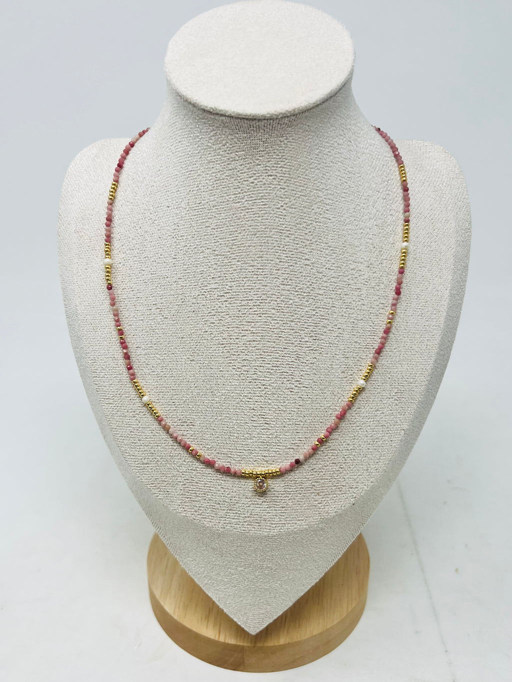Semi-Precious Stone Necklace with Miyuki Beads & Round Charm(Pink)