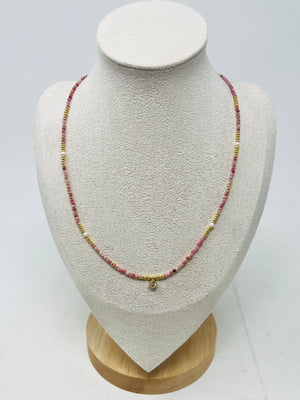 Semi-Precious Stone Necklace with Miyuki Beads & Round Charm(Pink)