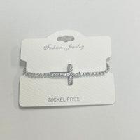 "Cross" C.Z Rhodium Plated Crystal adjustable Bracelet