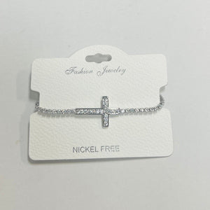 "Cross" C.Z Rhodium Plated Crystal adjustable Bracelet
