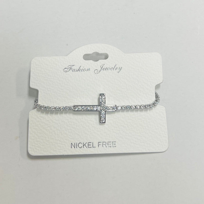"Cross" C.Z Rhodium Plated Crystal adjustable Bracelet