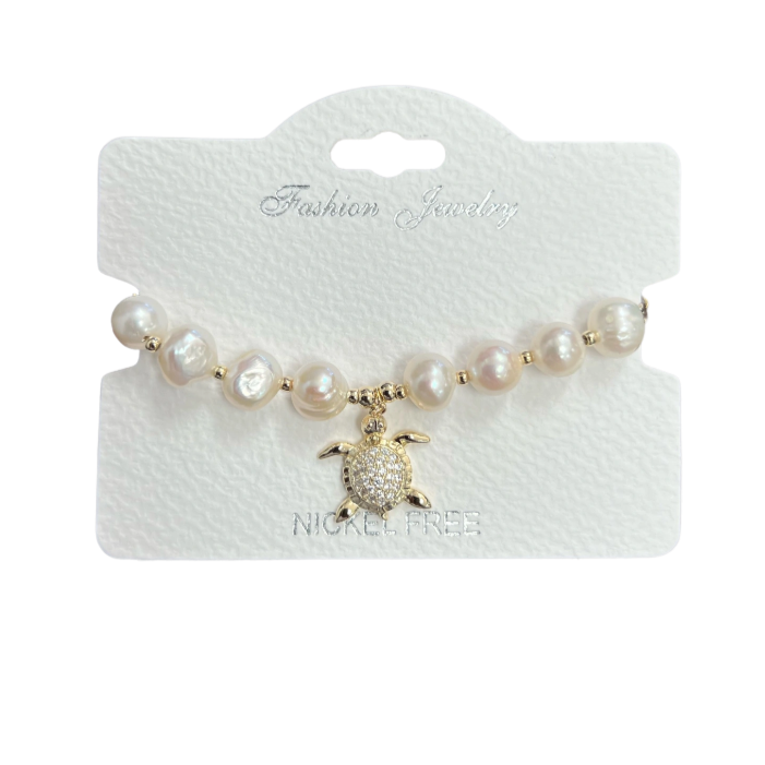 "Turtle" Freshwater Pearl C.Z Crystal Adjustable Bracelet