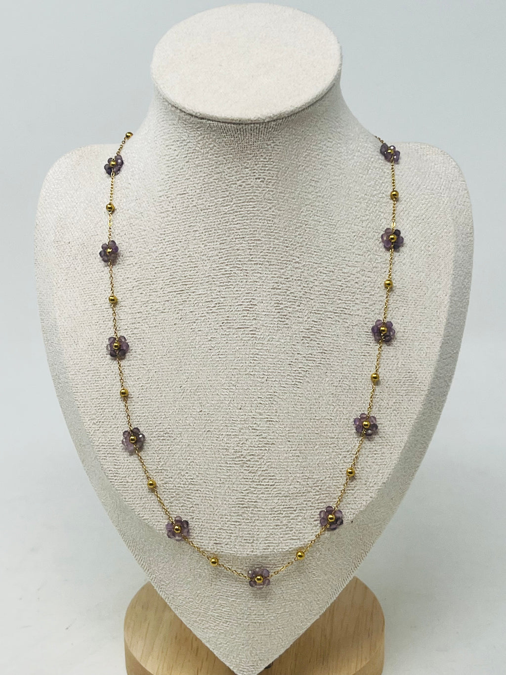 Stainless Steel Gold Chain Necklace with Flower Beads(Amethyst)