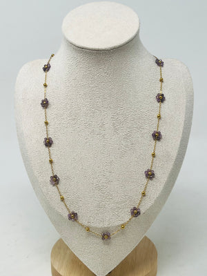 Stainless Steel Gold Chain Necklace with Flower Beads(Amethyst)