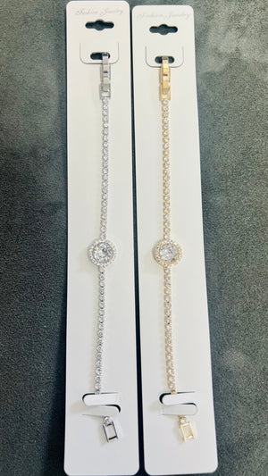 Halo Round C.Z Crystal Tennis Bracelets-Adjustable Chain