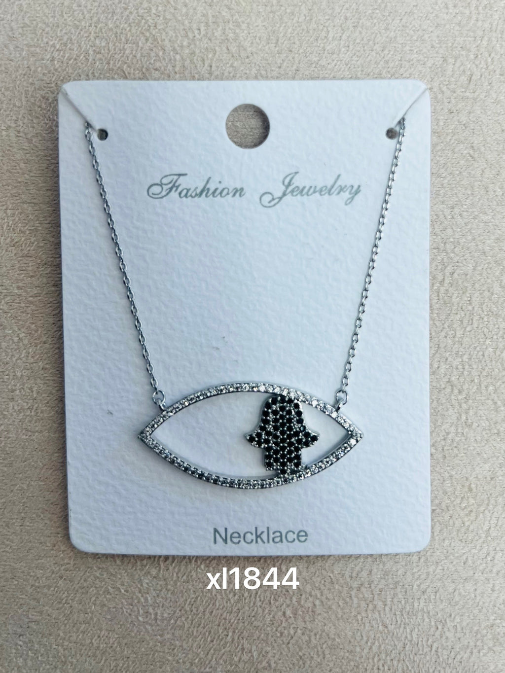 Black Hamsa Hand Charm C.Z Rhodium Plated Pendant Necklace