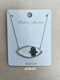 Black Hamsa Hand Charm C.Z Rhodium Plated Pendant Necklace