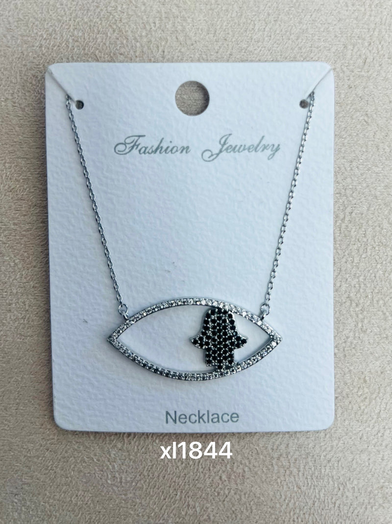 Black Hamsa Hand Charm C.Z Rhodium Plated Pendant Necklace