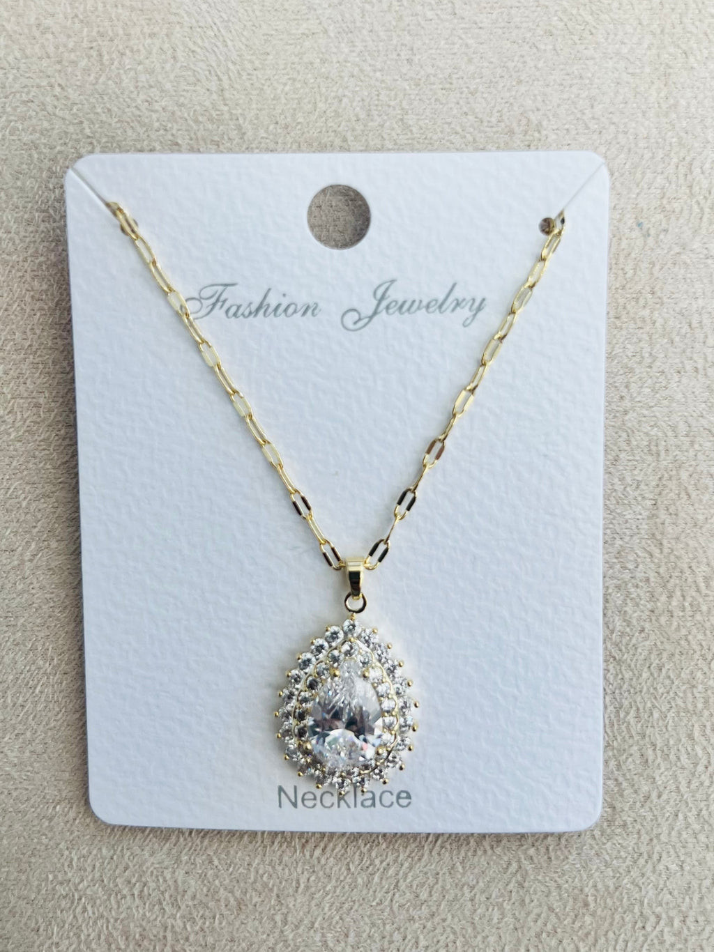 Gold Teardrop Pendant C.Z Rhodium Plated Necklace