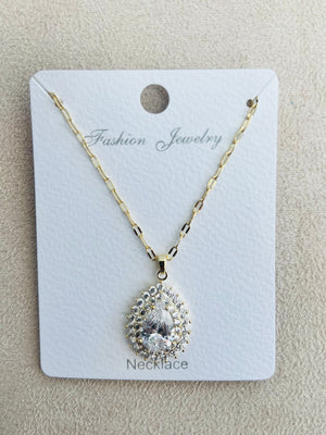 Gold Teardrop Pendant C.Z Rhodium Plated Necklace