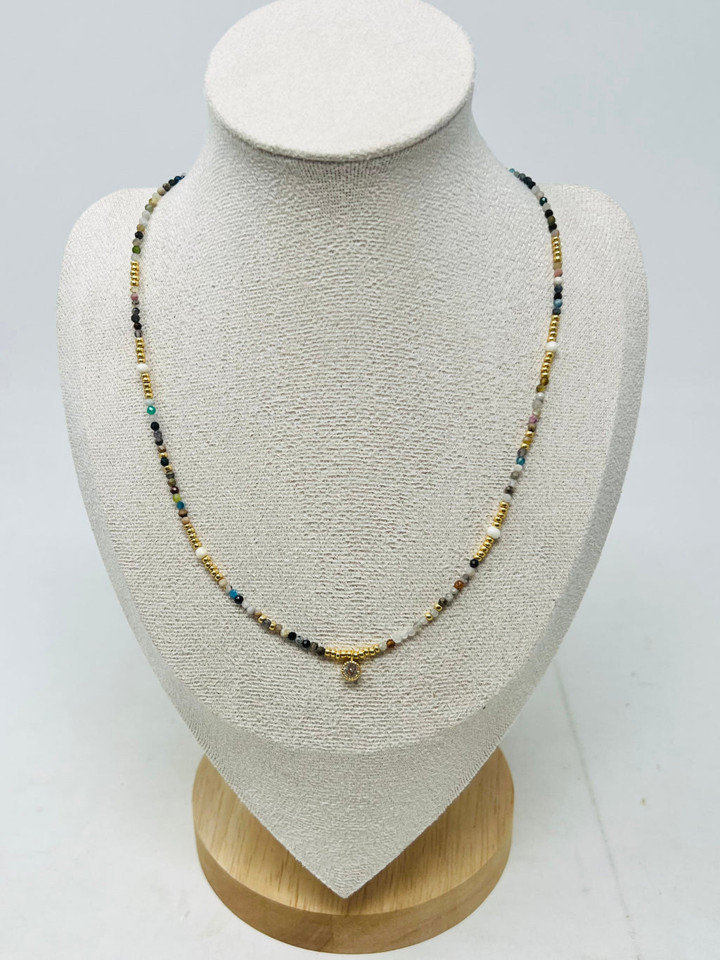 Semi-Precious Stone Necklace with Miyuki Beads & Round Charm(Mixed Color)
