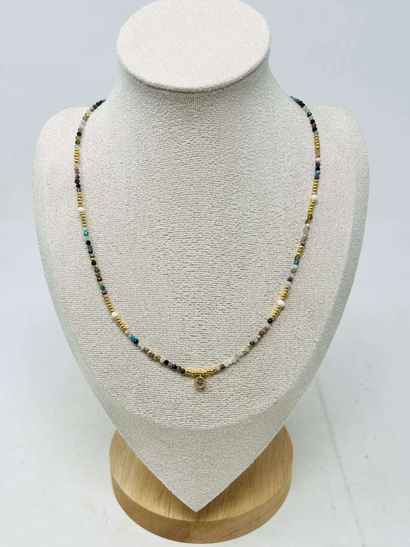 Semi-Precious Stone Necklace with Miyuki Beads & Round Charm(Mixed Color)