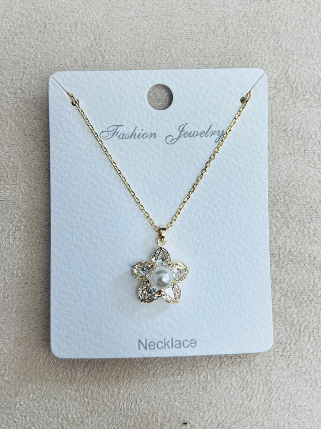 Pearl Flower Star Pendant C.Z Rhodium Plated Necklace