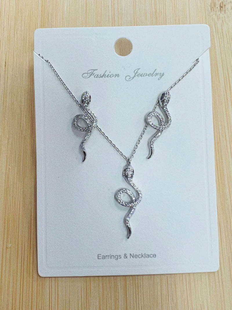 "Snake"C.Z Rhodium Plated Crystal Earring and necklace sets