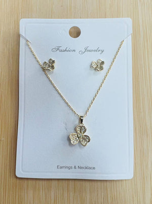 "Flower" C.Z Rhodium Plated Crystal Earring and necklace sets