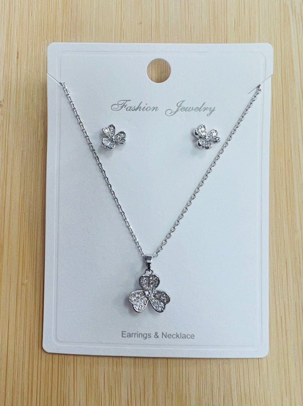 "Flower" C.Z Rhodium Plated Crystal Earring and necklace sets