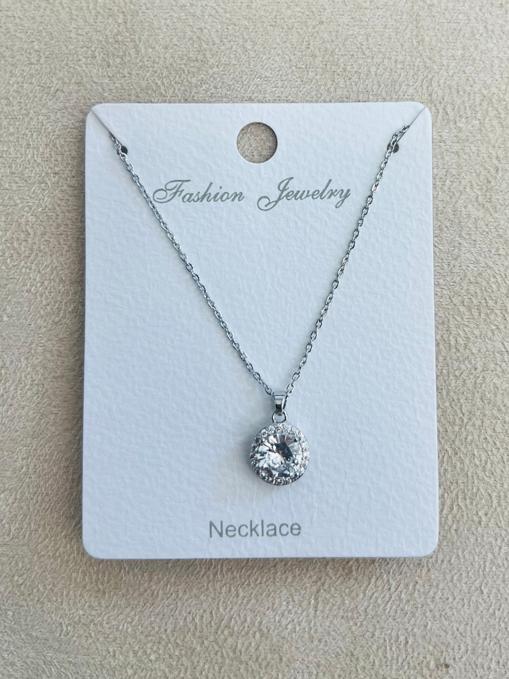 Gold Round Halo C.Z Rhodium Plated Pendant Necklace