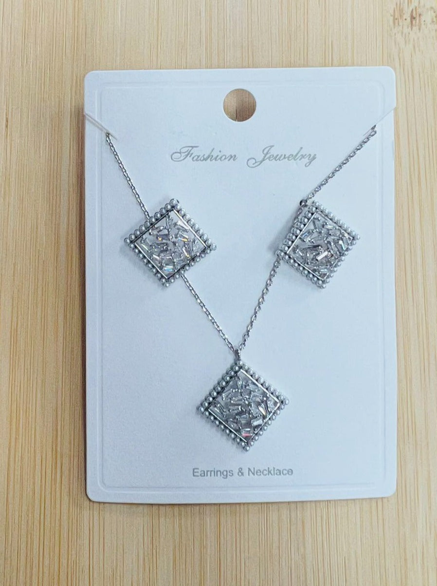 C.Z Rhodium Plated Crystal Earring and necklace sets