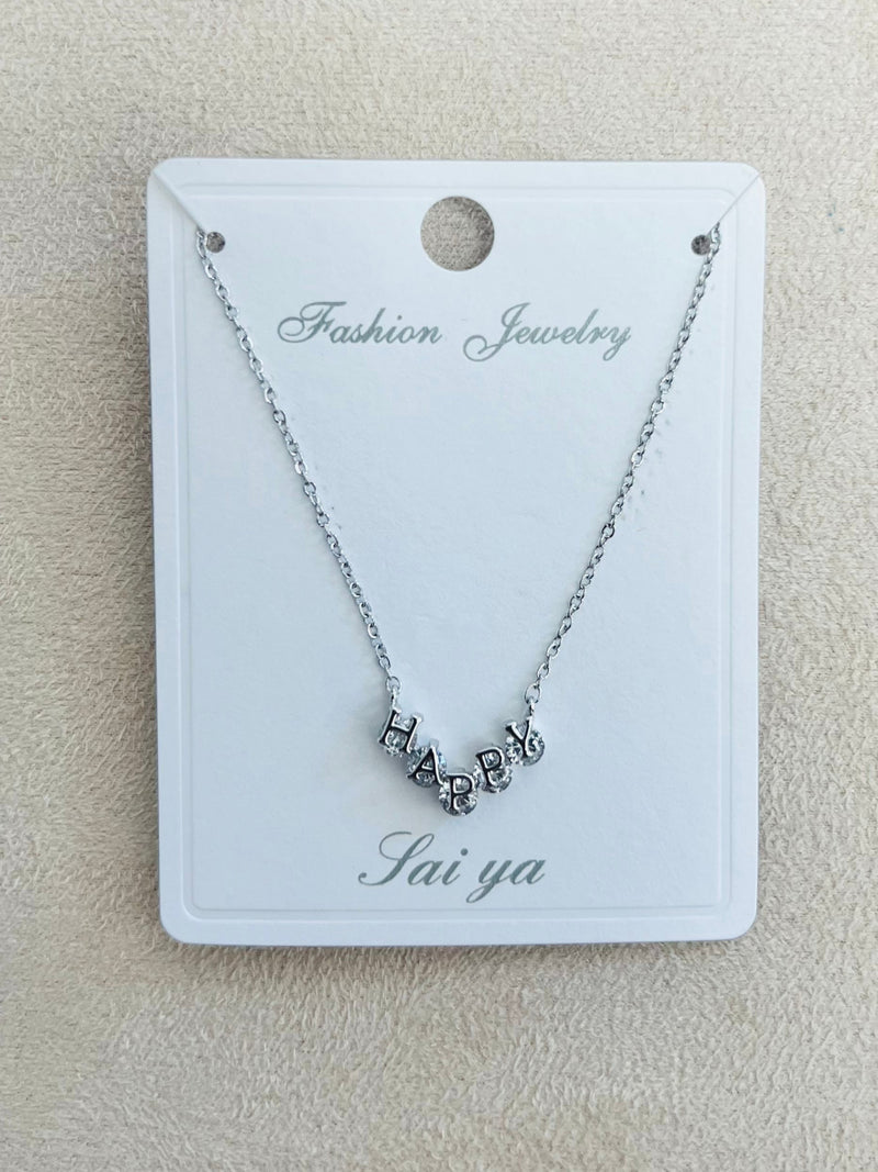 "HAPPY" C.Z Rhodium Plated Pendant Necklace