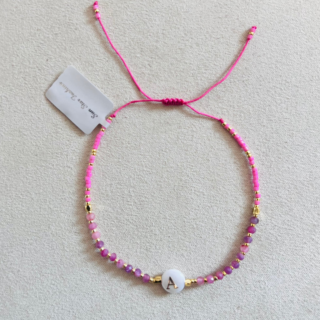 Initial Bracelet (A–Z) Semi-precious stones with Miyuki beads Adjustable cord (Pink tourmaline)
