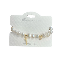 "Key and Heart" Freshwater Pearl C.Z Crystal Adjustable Bracelet