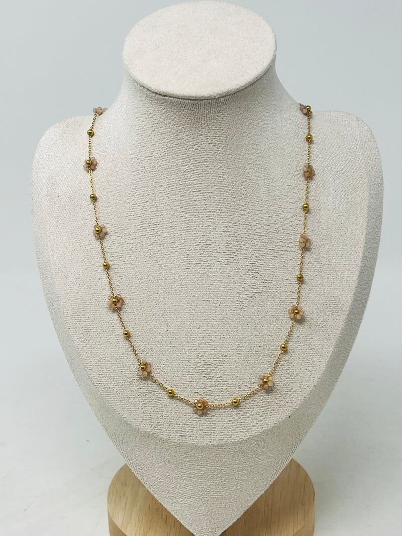 Stainless Steel Gold Chain Necklace with Flower Beads(Sun stone)