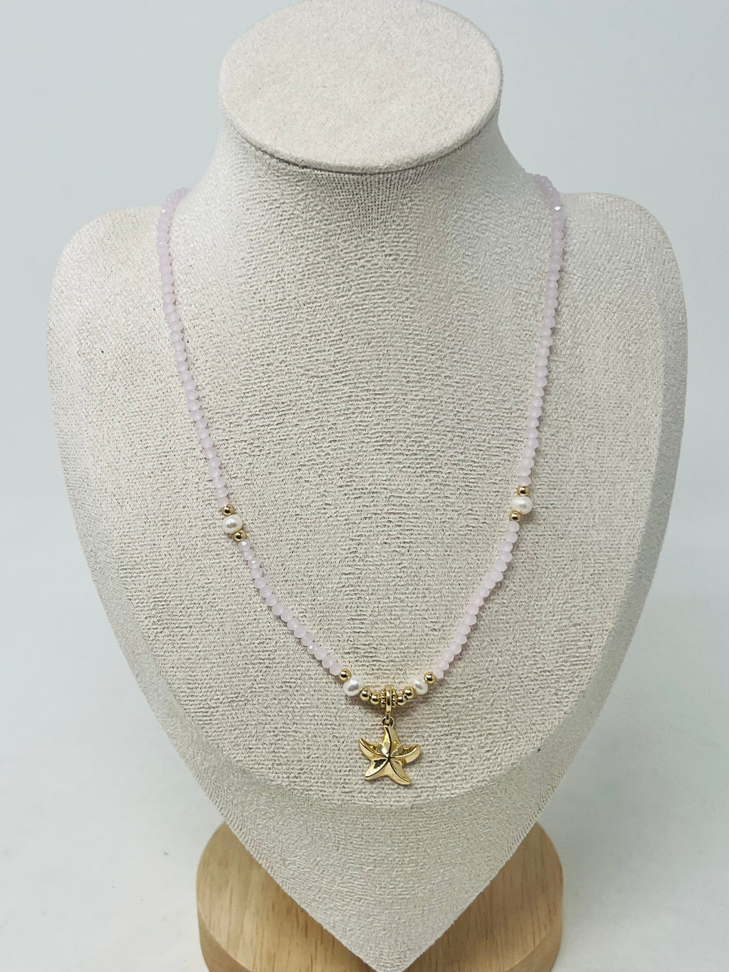 Beaded Necklace with Pearls & Gold Starfish Pendant(light pink)