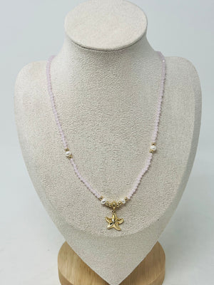 Beaded Necklace with Pearls & Gold Starfish Pendant(light pink)