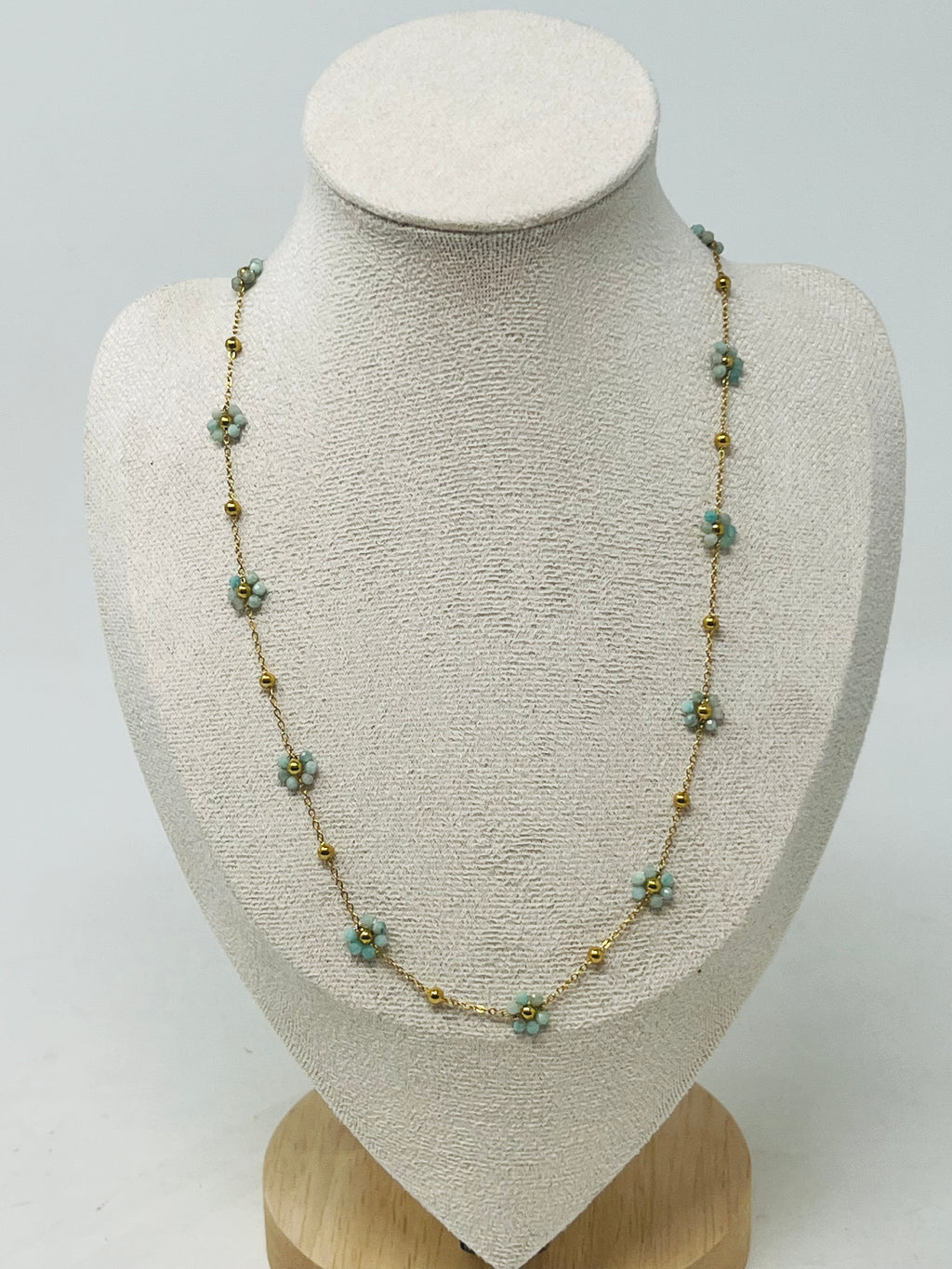 Stainless Steel Gold Chain Necklace with Flower Beads(amazonite)