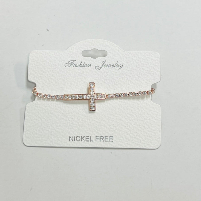 "Cross" C.Z Rhodium Plated Crystal adjustable Bracelet