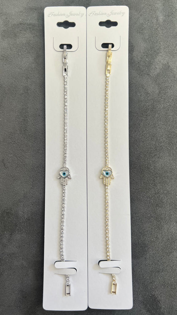 Evil Eye Hamsa Hand C.Z Crystal Tennis Bracelets-Adjustable Chain
